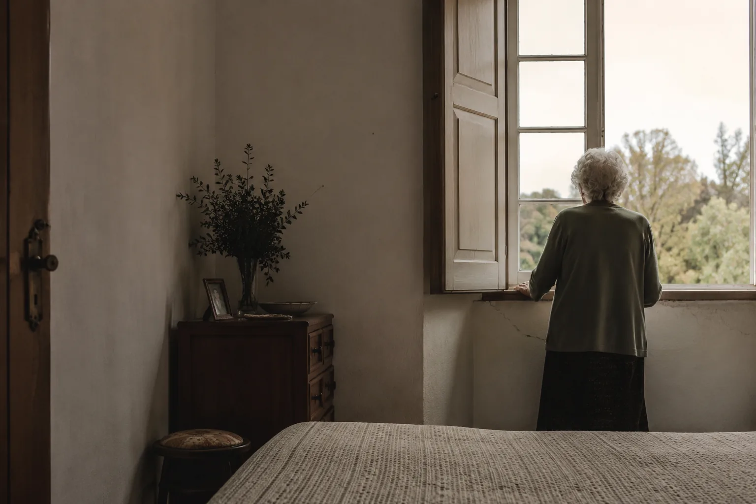 Uma pessoa idosa junto a uma janela, banhada pela luz da manhã, numa casa portuguesa.