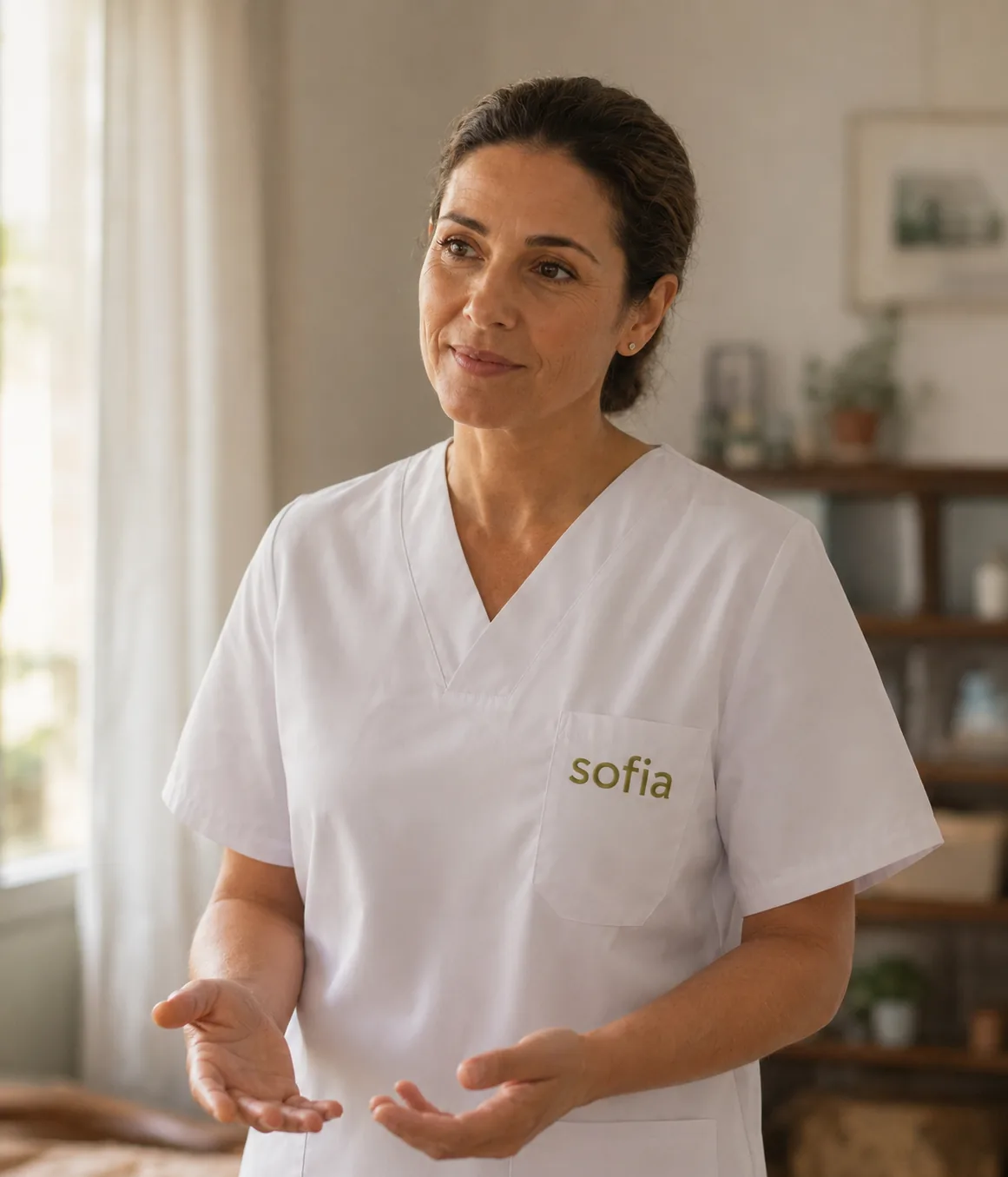 Retrato de uma cuidadora Sofia, expressão serena, mãos firmes e abertas junto ao enquadramento.