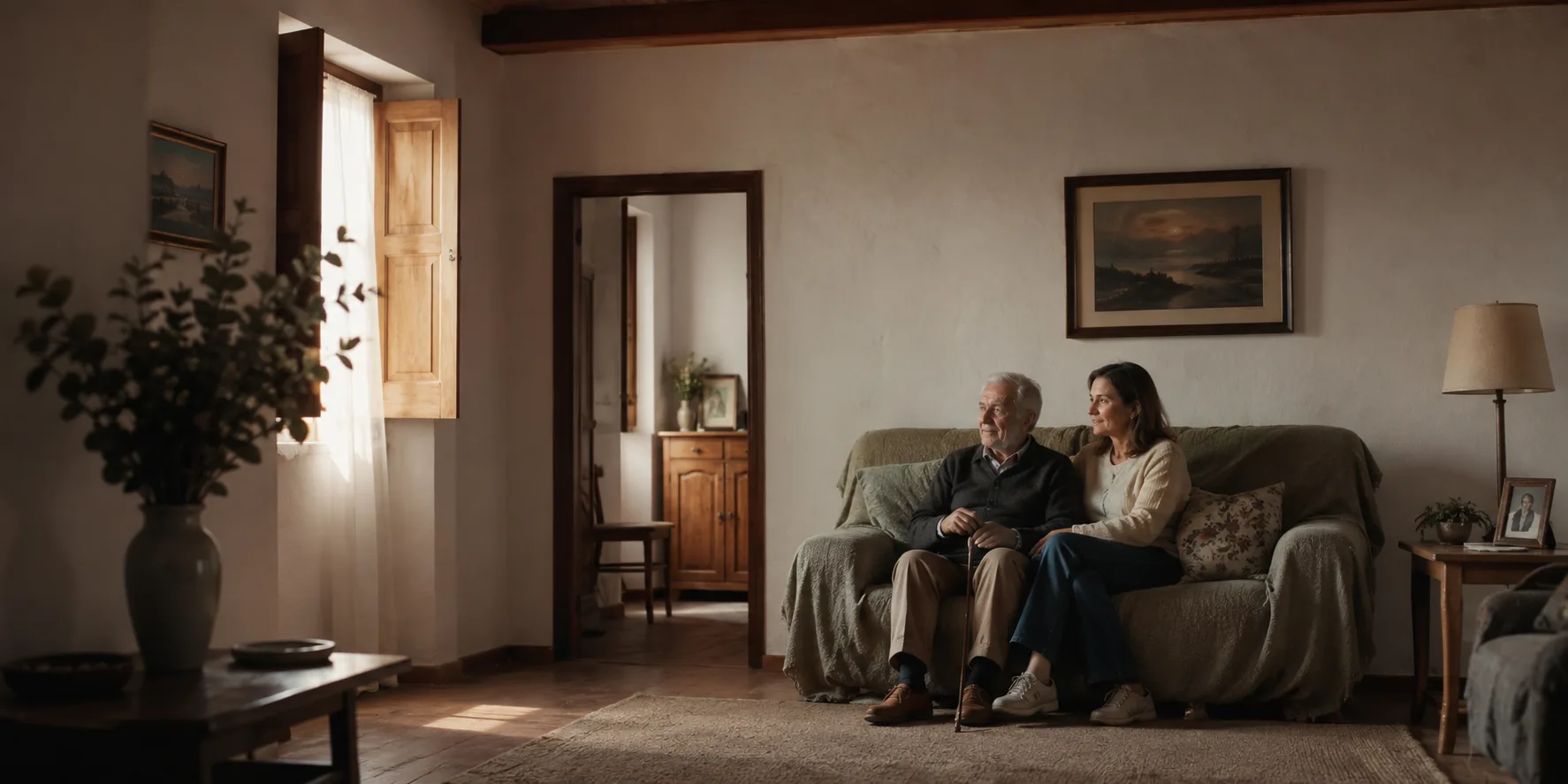 Um familiar sereno, ao lado da pessoa cuidada, em paz, numa casa portuguesa.